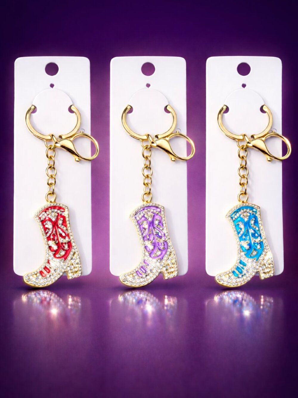Rhinestone Cowboy Boot Keychain Set of 3 – Western Bling Crystal Bag Charms